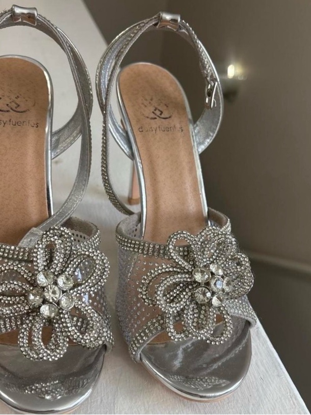 Silver Crystal Flower Open-Toe Heels with Ankle Strap